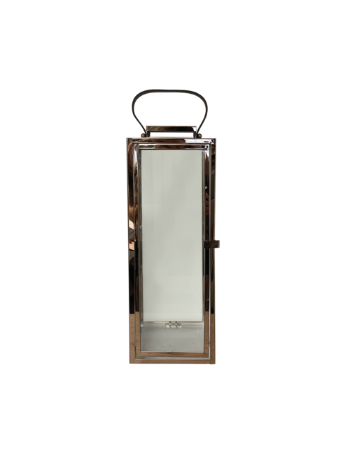 LARGE RECTANGLE ROSE GOLD METAL LANTERN LEATHER HANDLE