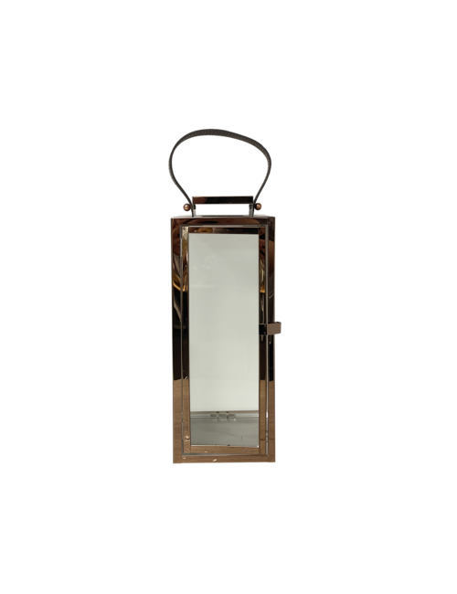 MEDIUM RECTANGLE ROSE GOLD METAL LANTERN LEATHER HANDLE