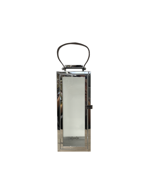 MEDIUM RECTANGLE SILVER METAL LANTERN LEATHER HANDLE