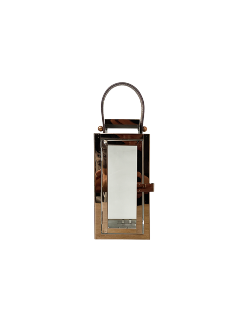 SMALL RECTANGLE ROSE GOLD METAL LANTERN LEATHER HANDLE