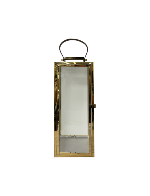 LARGE RECTANGLE GOLD METAL LANTERN LEATHER HANDLE