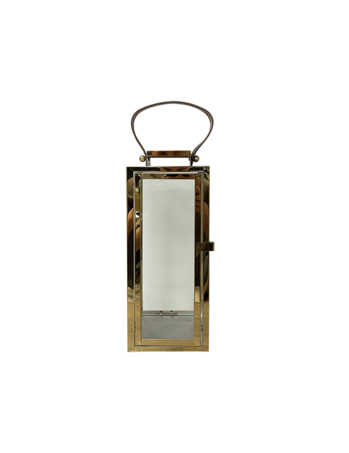 MEDIUM  RECTANGLE GOLD METAL LANTERN LEATHER HANDLE