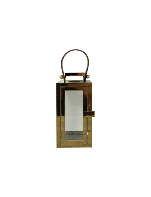 SMALL RECTANGLE GOLD METAL LANTERN LEATHER HANDLE