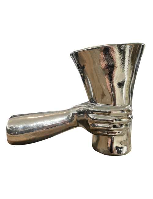 GLOSS SILVER VASE HELD BY FOREARM