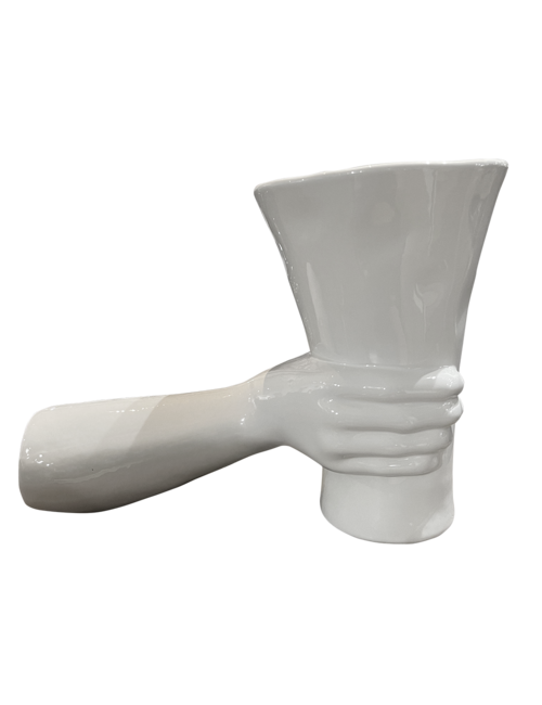 GLOSS WHITE VASE HELD BY FOREARM