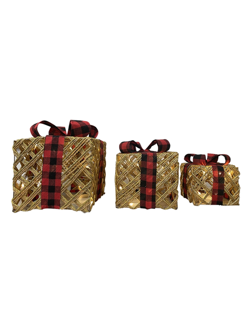 SET3, LIGHTED ROPE AND RED/BLACK RIBBON GIFT BOXES