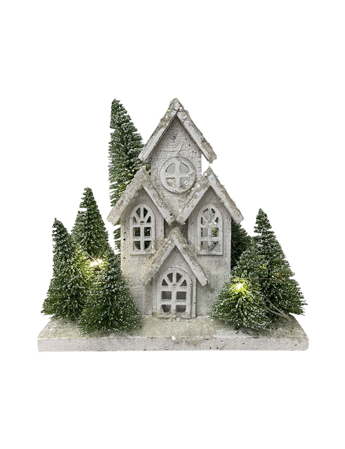 30CMH WHITE WOODEN HOUSE WITH TREE WITH LIGHTS