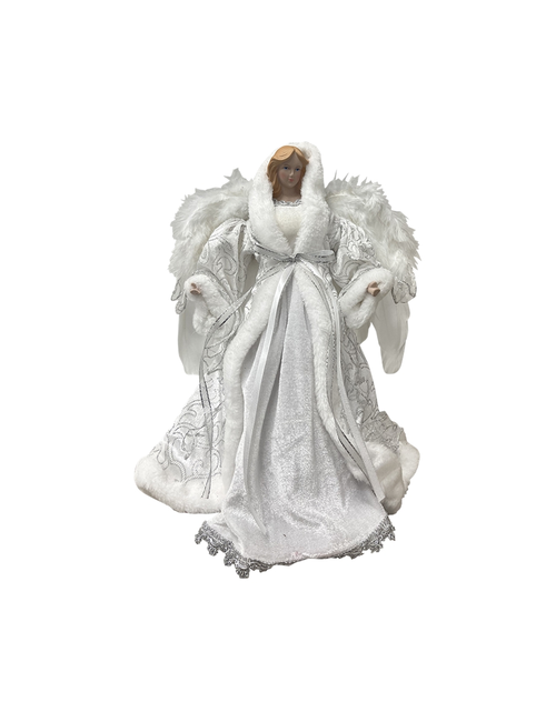 35CMH HOODED TREE TOP ANGEL IN WHITE SILVER