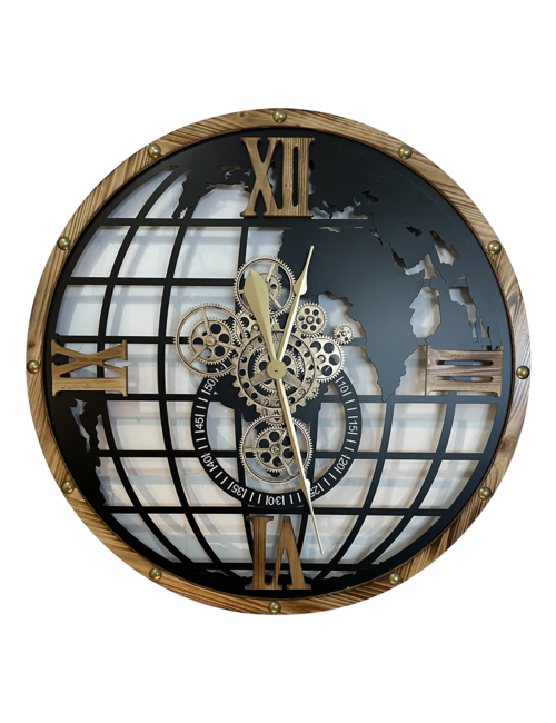 BLACK GOLD CUT OUT WORLD COG CLOCK