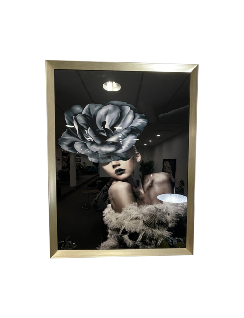 65CM X 85CM BLUE FLOWER HAT IN BLACK/SILVER FRAME