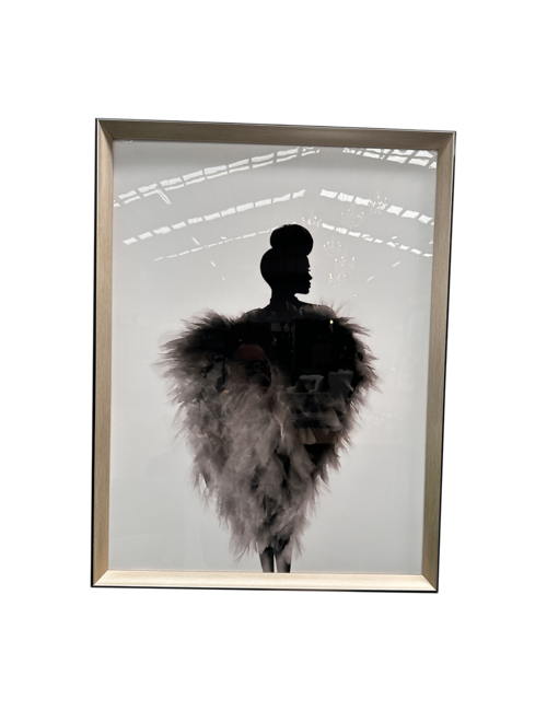 65CM X 85CM BLACK FEATHER LADY WHITE BACKGROUND IN BLACK/SILVER FRAME