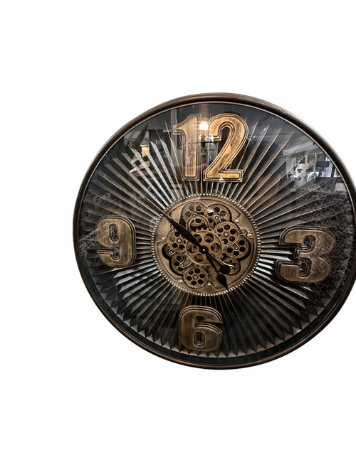 Large Round Aged Gold Burst Cog Clock