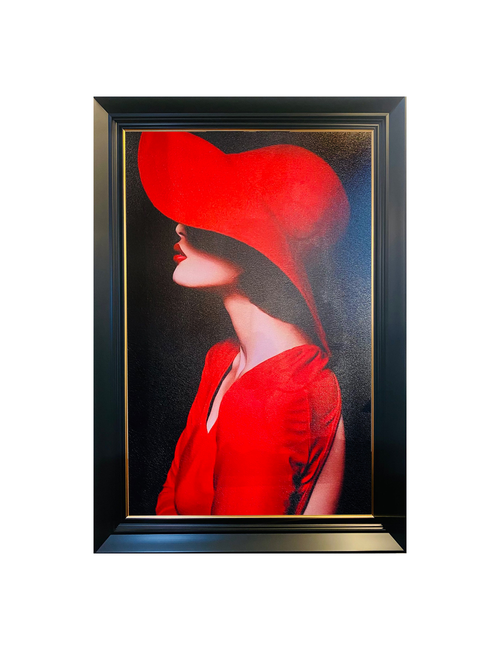 LADY IN RED HAT AND RED DRESS FRAMED ART