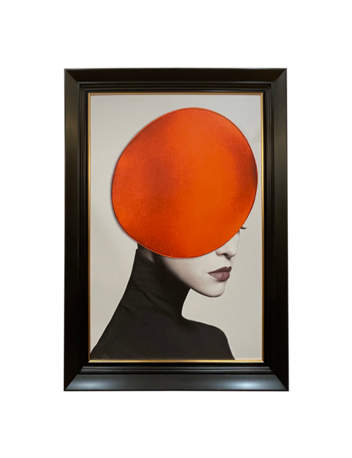 LADY IN ORANGE DISK HAT FRAMED ART