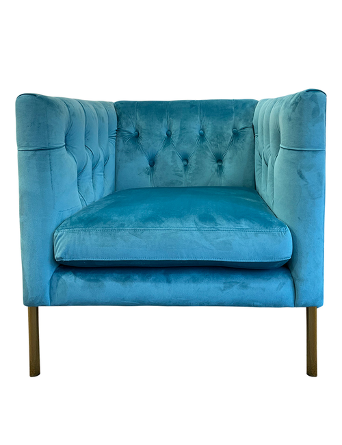 RONAN CHAIR IN TEAL VELVET SQUARE ARM GOLD LEG 