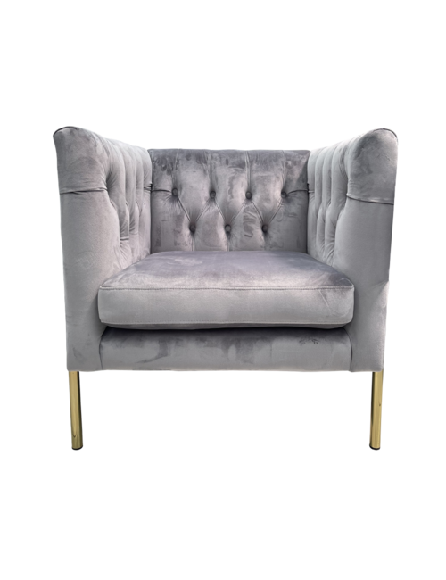 RONAN CHAIR IN SILVER GREY VELVET SQUARE ARM GOLD LEG 