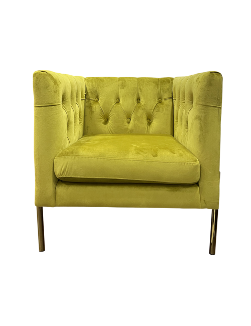 RONAN CHAIR IN MUSTARD VELVET SQUARE ARM GOLD LEG