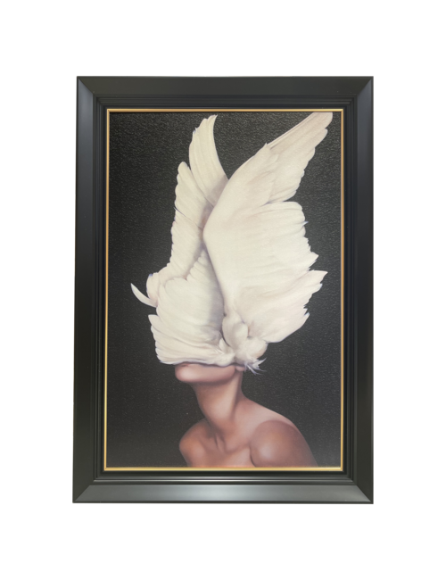 LADY WITH WINGED HAT BLACK/GOLD FRAMED ART