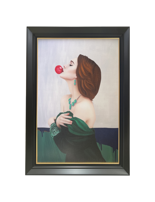 Lady In Green With Bubble Black/Gold Framed Art