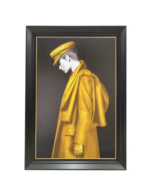 PERSON IN YELLOW JACKET LOOKING RIGHT BLACK/GOLD FRAMED ART