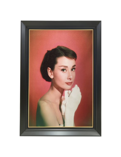 AUDREY WITH PINK BACKGROUND AND GLOVES BLACK/GOLD FRAMED ART