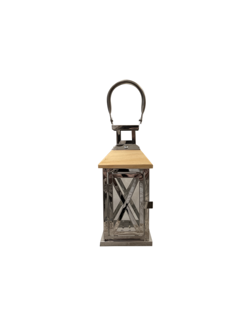 SMALL SILVER WITH WOOD TOP LANTERN