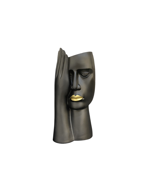 BLACK HANDFACE VASE WITH GOLD LIPS