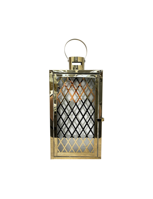 LARGE CRISS CROSS SQUARE GOLD METAL LANTERN