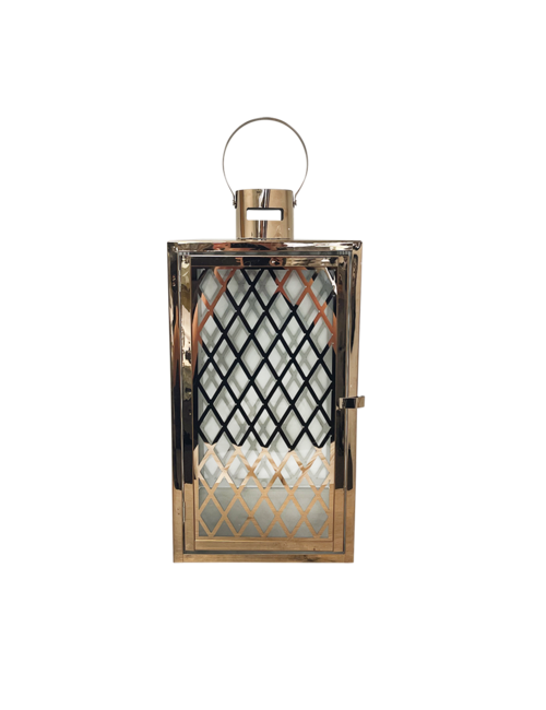 LARGE CRISS CROSS SQUARE ROSE GOLD METAL LANTERN