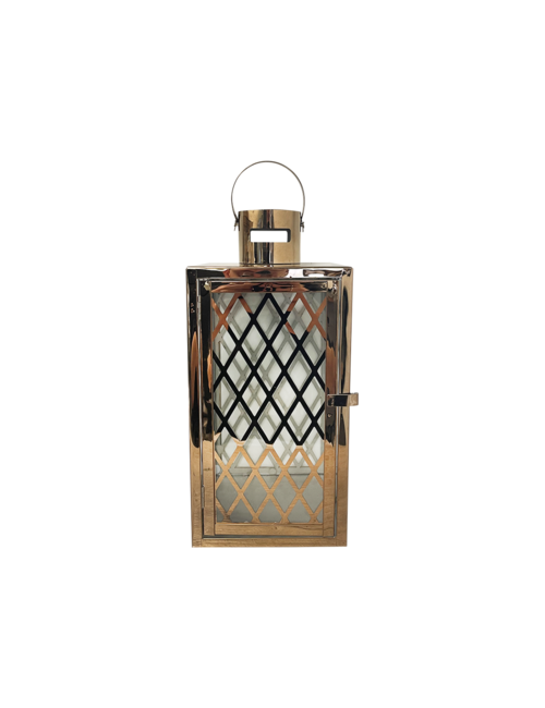 MEDIUM  CRISS CROSS SQUARE ROSE GOLD METAL LANTERN