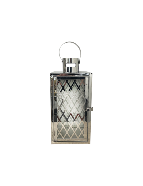 MEDIUM CRISS CROSS SQUARE SILVER METAL LANTERN