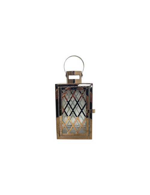 SMALL CRISS CROSS SQUARE ROSE GOLD METAL LANTERN