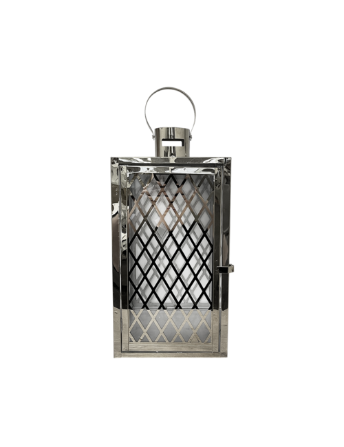 Large Criss Cross Square Silver Metal Lantern